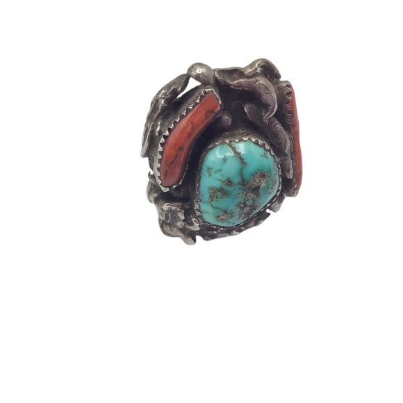 Sz 7, Vintage Ring, Turquoise Coral Sterling Silver Statement Ring - Picture 11 of 16
